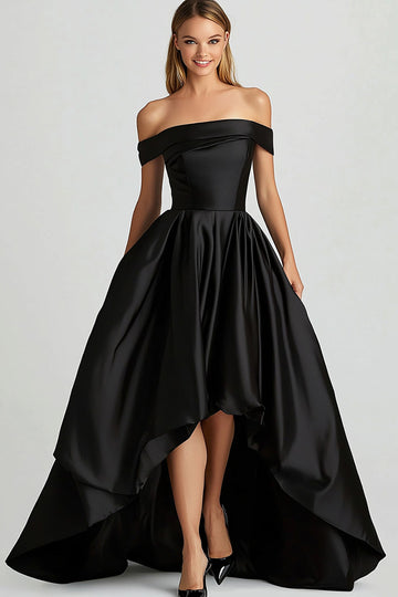 Black Off the Shoulder Satin Asymmetrical Prom Dress